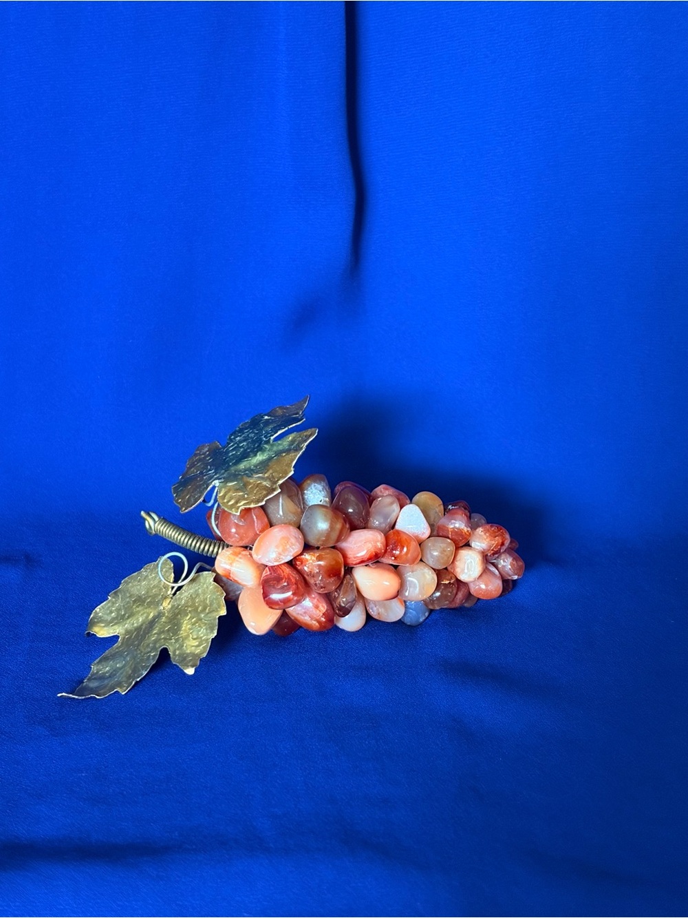 Vintage Carnelian Agate Stone Grape Cluster Metal Leaf Handmade 4.5" Decor